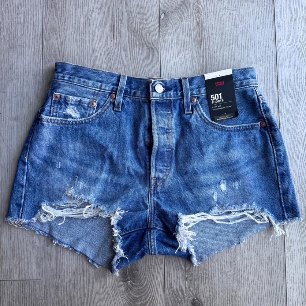 Levis 501 Premium Distressed High Rise Denim Shorts Medium Wash Size 29 NWT